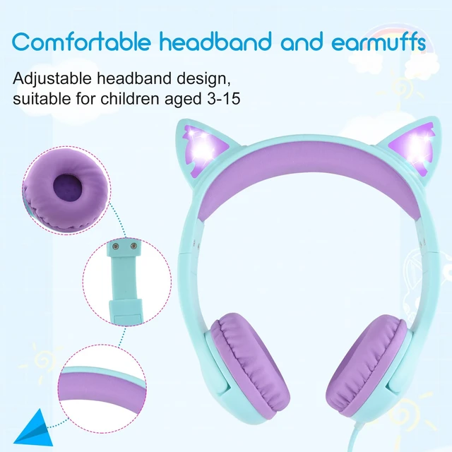 Alt view image 4 of 7 - Kitty Headphones for Kids, Wired Cat Ears Headset, Dual Audio Port Lightblue; LED Light-Up;On-ear headset; Built-in audio sharing jack; Microphone for children, toddlers, boys, girls