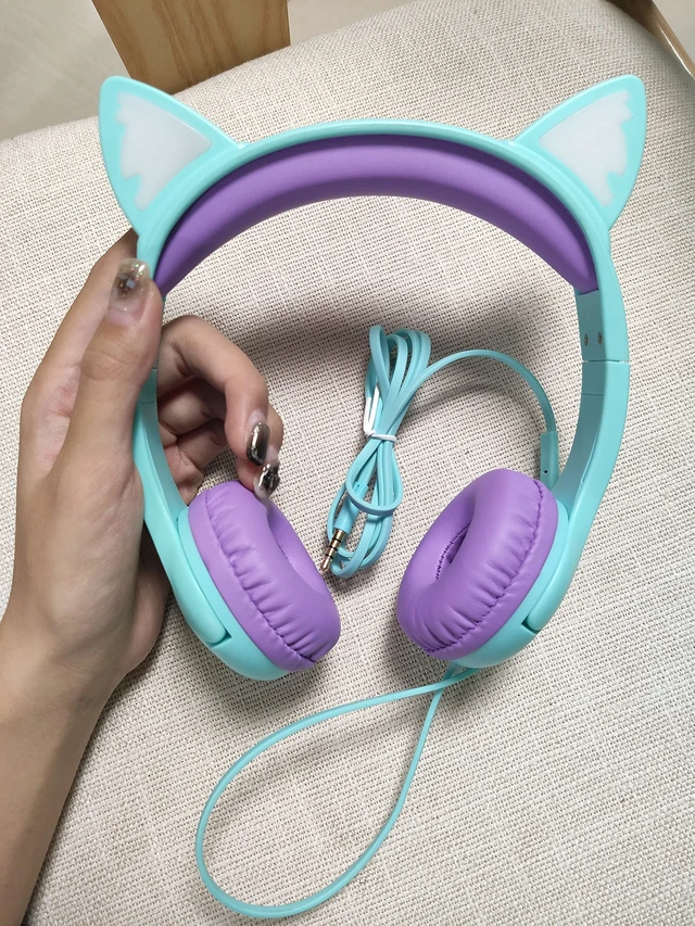 Alt view image 6 of 7 - Kitty Headphones for Kids, Wired Cat Ears Headset, Dual Audio Port Lightblue; LED Light-Up;On-ear headset; Built-in audio sharing jack; Microphone for children, toddlers, boys, girls