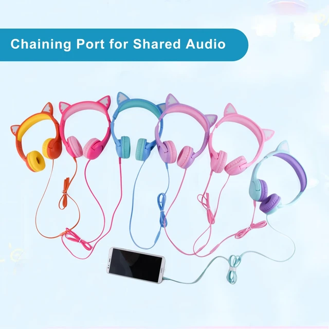Alt view image 7 of 7 - Kitty Headphones for Kids, Wired Cat Ears Headset, Dual Audio Port Lightblue; LED Light-Up;On-ear headset; Built-in audio sharing jack; Microphone for children, toddlers, boys, girls