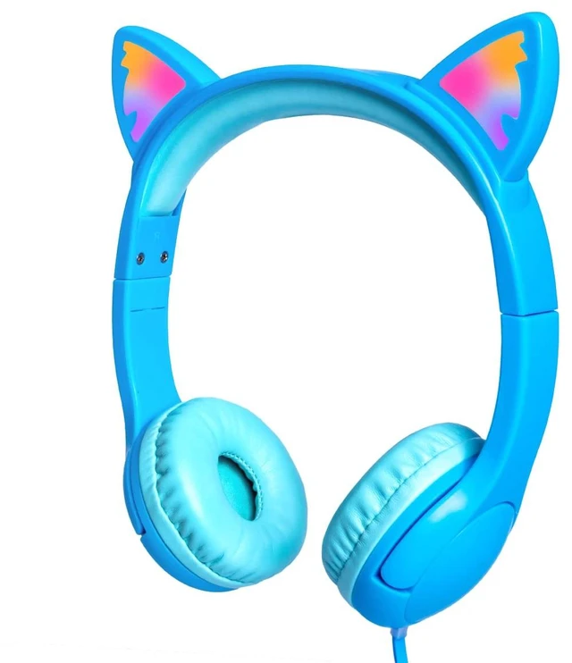 Main image of Kids Wired Headphones LED Light-Up Cat Ears Headset, Dual Audio Jack Blue; Toddlers headset with Mic for children boys girls; On Ear headphones with cord for tablets school travel airplane