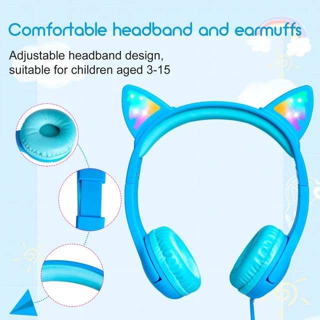 Alt view image 2 of 7 - Kids Wired Headphones LED Light-Up Cat Ears Headset, Dual Audio Jack Blue; Toddlers headset with Mic for children boys girls; On Ear headphones with cord for tablets school travel airplane