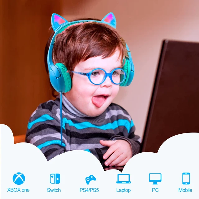 Alt view image 5 of 7 - Kids Wired Headphones LED Light-Up Cat Ears Headset, Dual Audio Jack Blue; Toddlers headset with Mic for children boys girls; On Ear headphones with cord for tablets school travel airplane