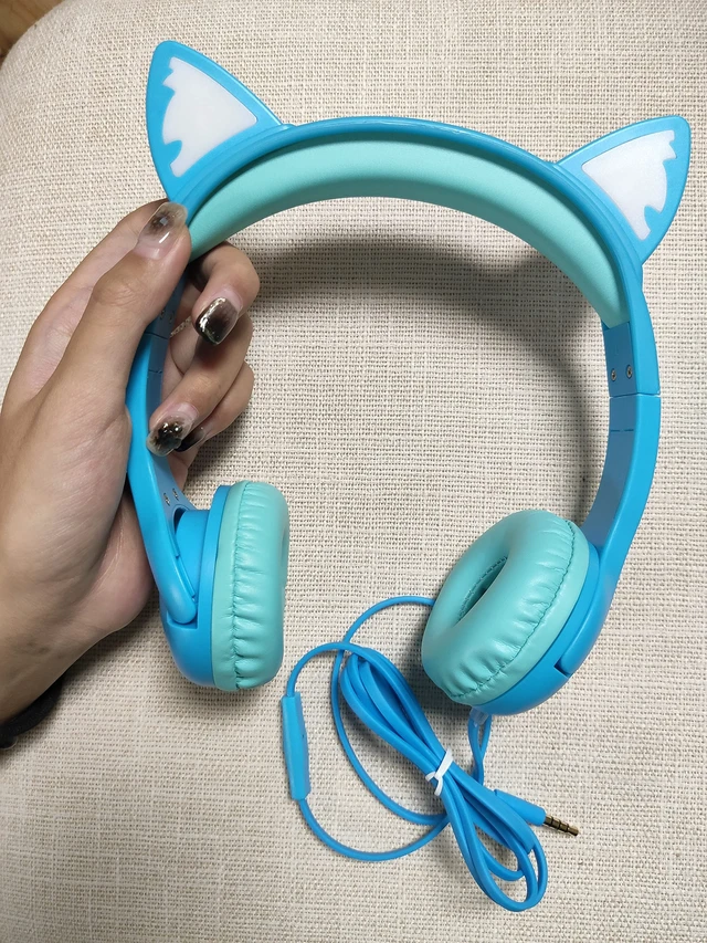 Alt view image 4 of 7 - Kids Wired Headphones LED Light-Up Cat Ears Headset, Dual Audio Jack Blue; Toddlers headset with Mic for children boys girls; On Ear headphones with cord for tablets school travel airplane