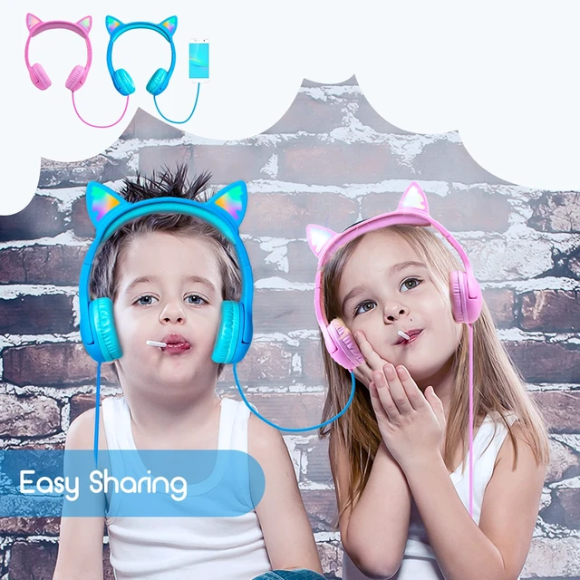 Alt view image 6 of 7 - Kids Wired Headphones LED Light-Up Cat Ears Headset, Dual Audio Jack Blue; Toddlers headset with Mic for children boys girls; On Ear headphones with cord for tablets school travel airplane
