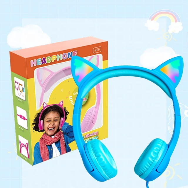Alt view image 7 of 7 - Kids Wired Headphones LED Light-Up Cat Ears Headset, Dual Audio Jack Blue; Toddlers headset with Mic for children boys girls; On Ear headphones with cord for tablets school travel airplane