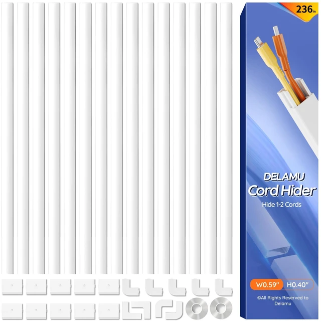 Main image of 236in Cord Hider, Professional Cable Cover Kit for Wall, TV Wire Hider for Wall Mounted TV, Raceway Cover on Management Wires, Cable Concealer, 0.59'' H x 0.40'' W, White