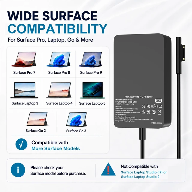 Alt view image 2 of 7 - 65W Surface Pro Charger for Microsoft Surface Pro 7/6/4/3/8/9/11/5 8.8ft Cord, 65W Surface Laptop Charger for Microsoft Surface Laptop 5/4/3, Surface Go 3/2 and Surface Pro Models