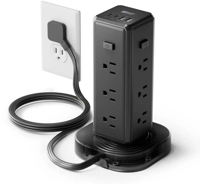 Main image of Tower Power Strip Surge Protector, Retractable Extension Cord 4 Individual Switches, 12 AC 4 USB (2 USB C), 1050J, Flat Plug, 10Ft Flat Cord, Desk Charging Station for Home Office Dorm