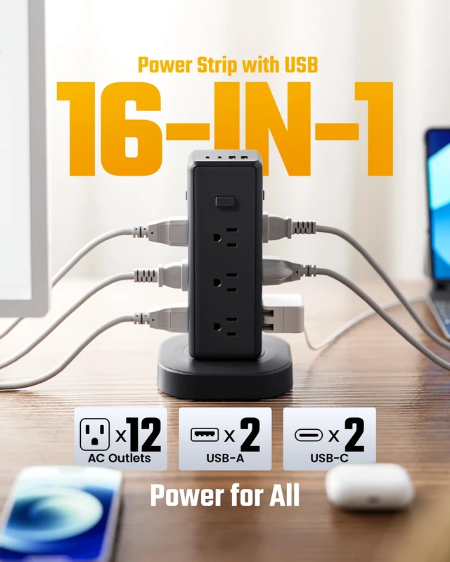 Alt view image 2 of 7 - Tower Power Strip Surge Protector, Retractable Extension Cord 4 Individual Switches, 12 AC 4 USB (2 USB C), 1050J, Flat Plug, 10Ft Flat Cord, Desk Charging Station for Home Office Dorm