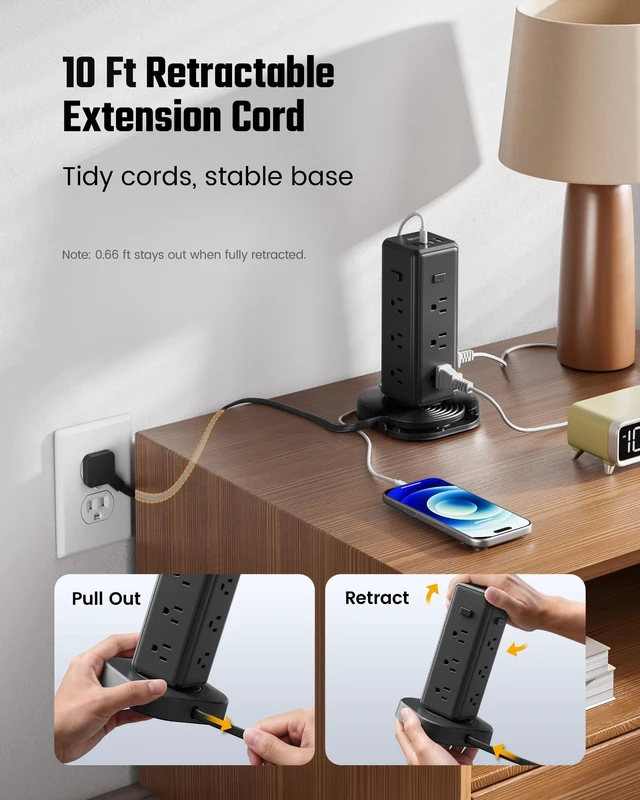 Alt view image 3 of 7 - Tower Power Strip Surge Protector, Retractable Extension Cord 4 Individual Switches, 12 AC 4 USB (2 USB C), 1050J, Flat Plug, 10Ft Flat Cord, Desk Charging Station for Home Office Dorm