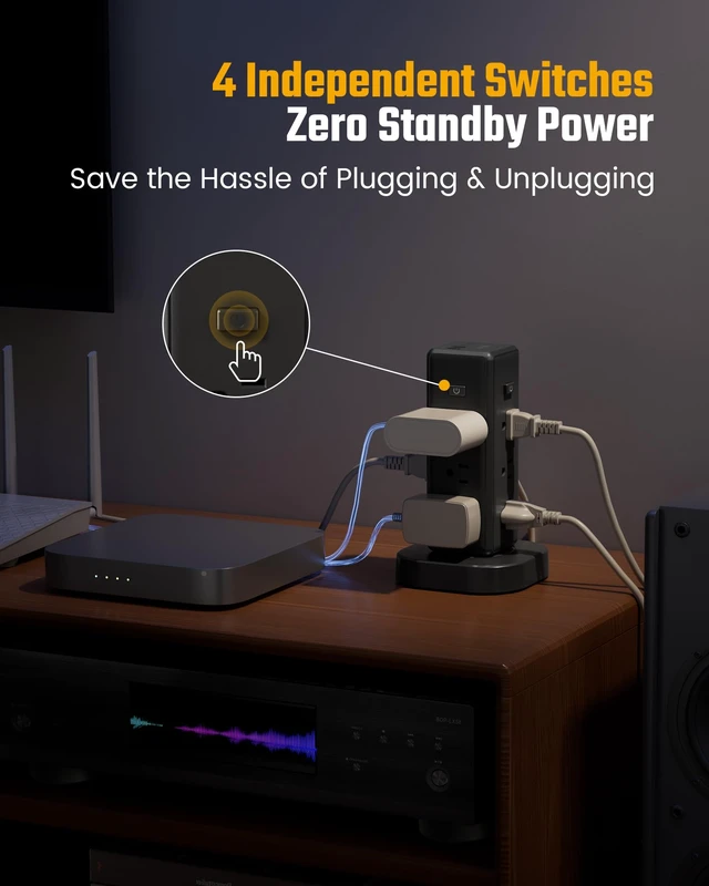 Alt view image 4 of 7 - Tower Power Strip Surge Protector, Retractable Extension Cord 4 Individual Switches, 12 AC 4 USB (2 USB C), 1050J, Flat Plug, 10Ft Flat Cord, Desk Charging Station for Home Office Dorm