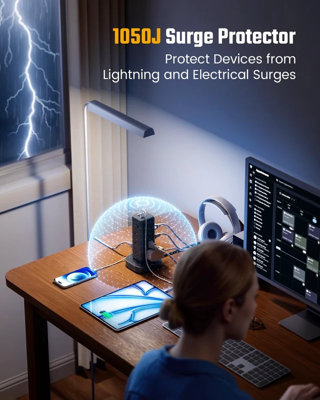Alt view image 5 of 7 - Tower Power Strip Surge Protector, Retractable Extension Cord 4 Individual Switches, 12 AC 4 USB (2 USB C), 1050J, Flat Plug, 10Ft Flat Cord, Desk Charging Station for Home Office Dorm