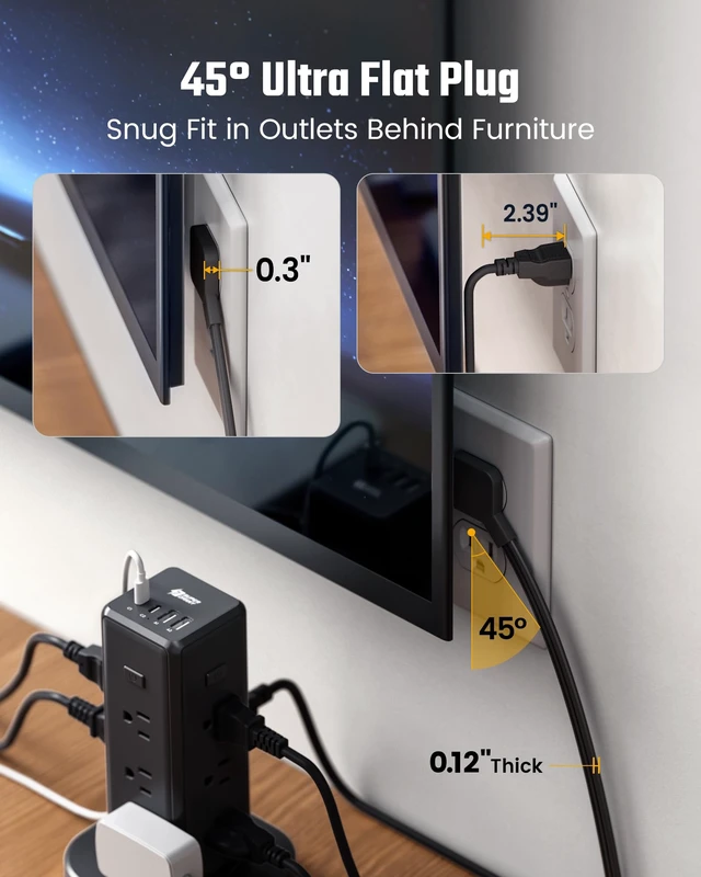 Alt view image 6 of 7 - Tower Power Strip Surge Protector, Retractable Extension Cord 4 Individual Switches, 12 AC 4 USB (2 USB C), 1050J, Flat Plug, 10Ft Flat Cord, Desk Charging Station for Home Office Dorm