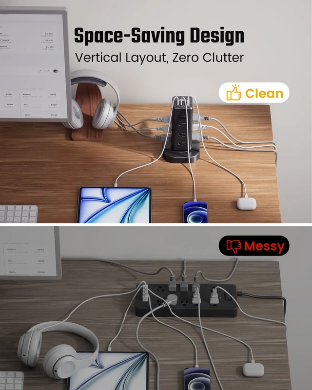 Alt view image 7 of 7 - Tower Power Strip Surge Protector, Retractable Extension Cord 4 Individual Switches, 12 AC 4 USB (2 USB C), 1050J, Flat Plug, 10Ft Flat Cord, Desk Charging Station for Home Office Dorm