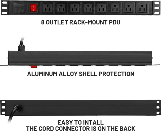 Alt view image 6 of 7 - Power Strip Surge Protector Rack-Mount PDU, 8 Right Angle Outlets Wide-Spaced, Mountable Power Strip Heavy Duty for Server Racks, Commercial, 300J (Black 10FT)