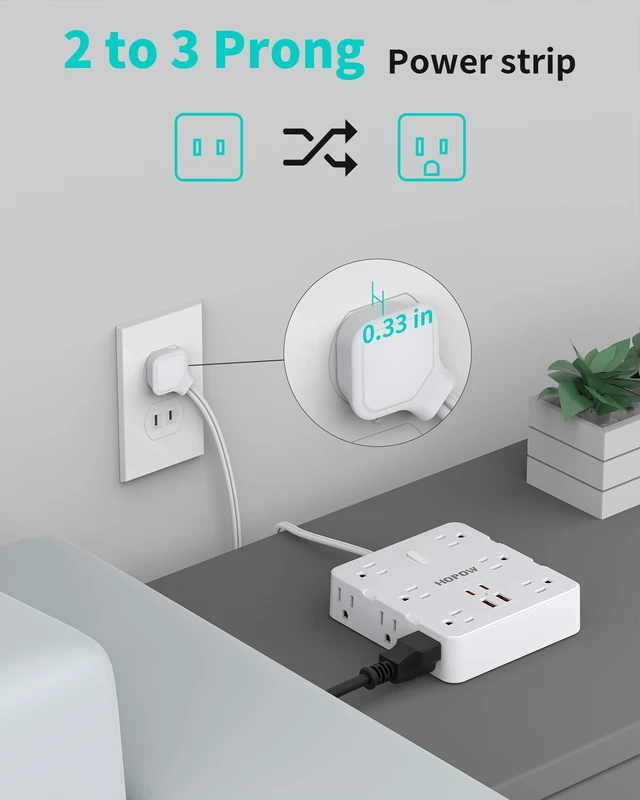 Alt view image 2 of 7 - 12Outlets 2 Prong Power Strip with 4USB, 5FT Extension Cord for Old House 1700 Joules, Wall Mountable, Flat Plug, 2 Prong to 3 Prong Outlet Adapter, Wide Spaced, White, for Non-Grounded Outlets