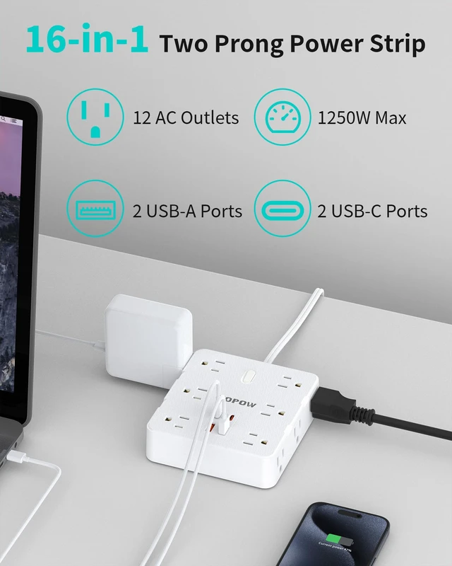 Alt view image 3 of 7 - 12Outlets 2 Prong Power Strip with 4USB, 5FT Extension Cord for Old House 1700 Joules, Wall Mountable, Flat Plug, 2 Prong to 3 Prong Outlet Adapter, Wide Spaced, White, for Non-Grounded Outlets