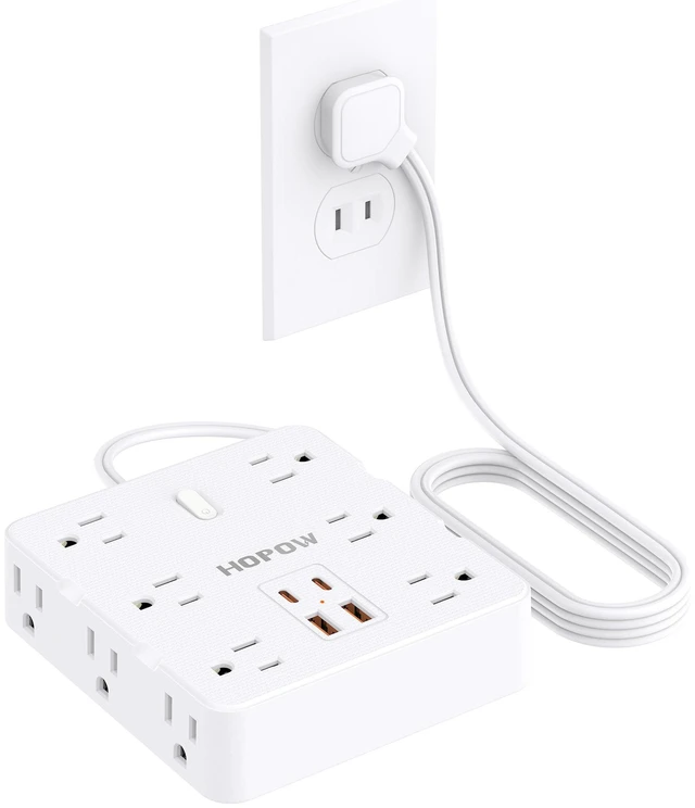 Main image of 12Outlets 2 Prong Power Strip with 4USB, 5FT Extension Cord for Old House 1700 Joules, Wall Mountable, Flat Plug, 2 Prong to 3 Prong Outlet Adapter, Wide Spaced, White, for Non-Grounded Outlets