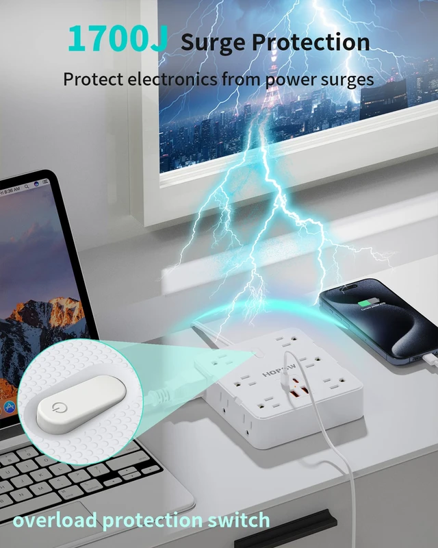 Alt view image 4 of 7 - 12Outlets 2 Prong Power Strip with 4USB, 5FT Extension Cord for Old House 1700 Joules, Wall Mountable, Flat Plug, 2 Prong to 3 Prong Outlet Adapter, Wide Spaced, White, for Non-Grounded Outlets
