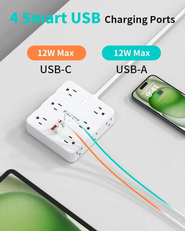Alt view image 5 of 7 - 12Outlets 2 Prong Power Strip with 4USB, 5FT Extension Cord for Old House 1700 Joules, Wall Mountable, Flat Plug, 2 Prong to 3 Prong Outlet Adapter, Wide Spaced, White, for Non-Grounded Outlets