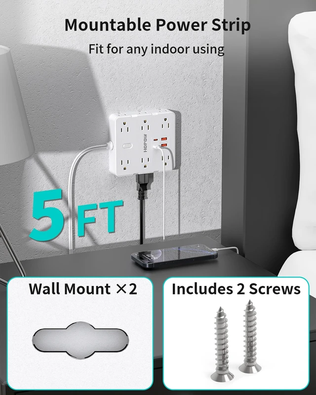 Alt view image 6 of 7 - 12Outlets 2 Prong Power Strip with 4USB, 5FT Extension Cord for Old House 1700 Joules, Wall Mountable, Flat Plug, 2 Prong to 3 Prong Outlet Adapter, Wide Spaced, White, for Non-Grounded Outlets