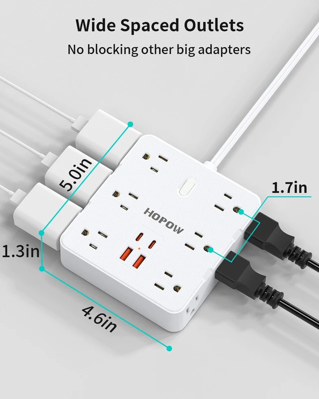 Alt view image 7 of 7 - 12Outlets 2 Prong Power Strip with 4USB, 5FT Extension Cord for Old House 1700 Joules, Wall Mountable, Flat Plug, 2 Prong to 3 Prong Outlet Adapter, Wide Spaced, White, for Non-Grounded Outlets