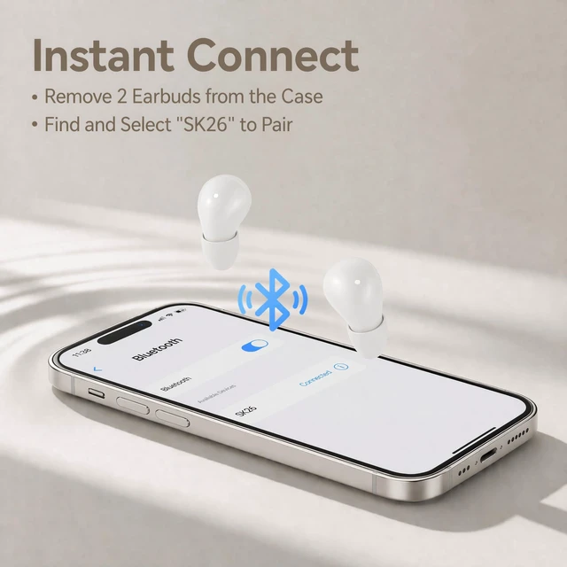 Alt view image 7 of 7 - Mini Invisible Bluetooth Earbuds, Wireless for Small Ears (White) SK26 tiny hidden ear buds with premium sound quality, one-step auto pairing, lightweight low-profile fit for all-day wear