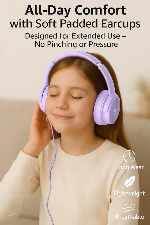 Alt view image 2 of 7 - USB C Wired Over-Ear Headphones with Mi, Hi-Fi Stereo Sound, Noise-Isolating Ear Cups, Comfortable Fit for iPhone15/16, Samsung Galaxy S24/S23, Type-C Phones & Tablets (Purple)