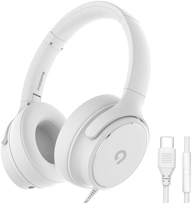 Main image of USB C Wired Over-Ear Headphones with Mic, Hi-Fi Stereo Sound, Noise-Isolating Ear Cups, Comfortable Fit for iPhone15/16, Samsung Galaxy S24/S23, Type-C Phones & Tablets (White)