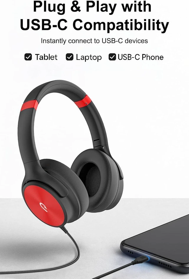Alt view image 5 of 7 - USB C Wired Over-Ear Headphones with Mic, Hi-Fi Stereo Sound, Noise-Isolating Ear Cups, Comfortable Fit for iPhone15/16, Samsung Galaxy S24/S23, Type-C Phones & Tablets (White)