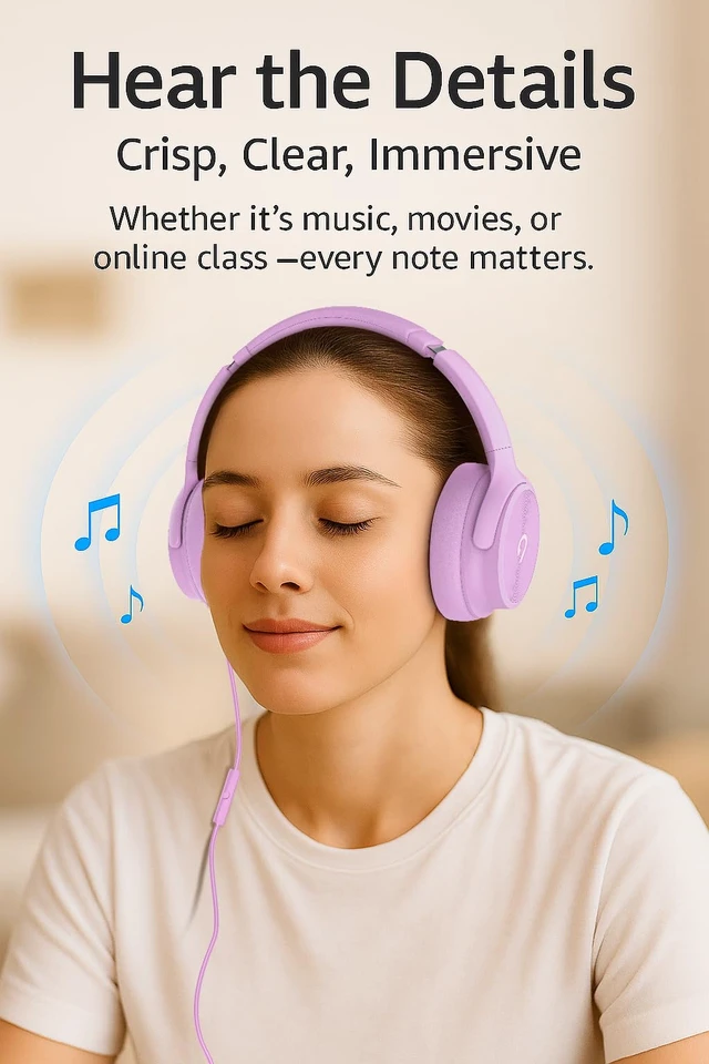 Alt view image 4 of 7 - USB C Wired Over-Ear Headphones with Mi, Hi-Fi Stereo Sound, Noise-Isolating Ear Cups, Comfortable Fit for iPhone15/16, Samsung Galaxy S24/S23, Type-C Phones & Tablets (Purple)