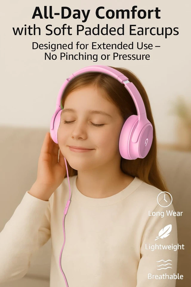 Alt view image 2 of 7 - USB C Wired Over-Ear Headphones with Mic, Hi-Fi Stereo Sound, Noise-Isolating Ear Cups, Comfortable Fit for iPhone15/16, Samsung Galaxy S24/S23, Type-C Phones & Tablets (Pink)
