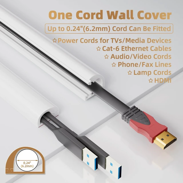 Alt view image 2 of 7 - 118" Side Open One Cord Hider (<1/4") for Wall Mounted Tv,Silicone Flexible Cable Cover to Hide Conceal Cords Along Wall,Wire Raceway Management Cable Concealer Channel,Electric Cord Organizer,White