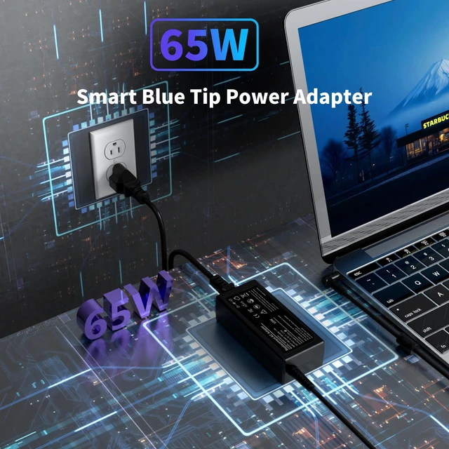 Alt view image 2 of 7 - Blue Tip 65W Laptop Charger Replacement for HP Laptop Charger Computer Power Cord Adapter