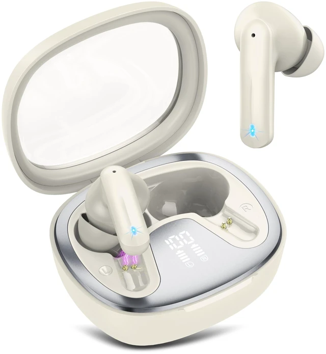 Main image of Wireless Earbuds Bluetooth 5.4 in Ear Earbuds HiFi Stereo, Off-White 4 ENC Noise Cancelling Mic, 45H, LED Display, IP7 Waterproof Ear Buds for Android/iOS, Earphones for Phone Sports