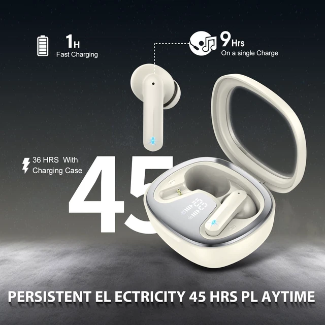 Alt view image 4 of 7 - Wireless Earbuds Bluetooth 5.4 in Ear Earbuds HiFi Stereo, Off-White 4 ENC Noise Cancelling Mic, 45H, LED Display, IP7 Waterproof Ear Buds for Android/iOS, Earphones for Phone Sports