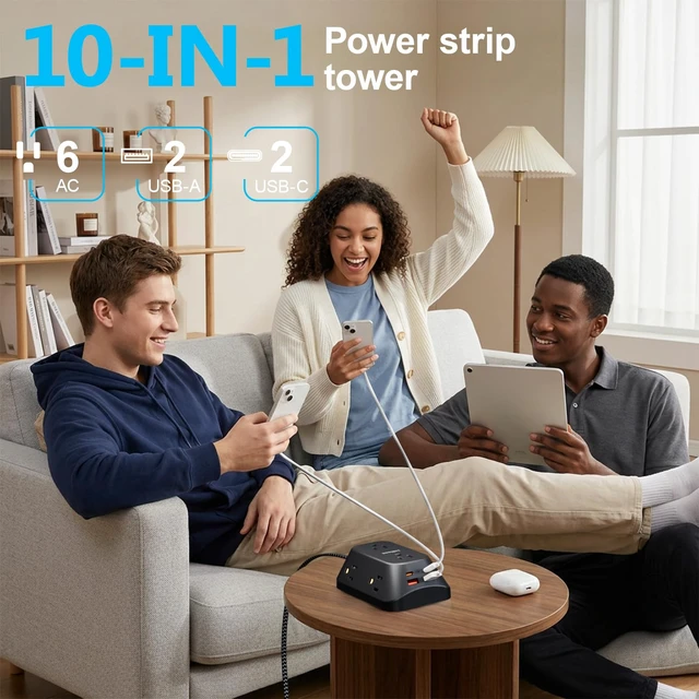 Alt view image 2 of 7 - Outlet Extender Surge Protector, 6 Outlet Splitter with 4 USB Ports (2 USB C), 4 Sided 1050 J Multi Plug Wall Adapter Power Strip for Home Office Kitchen Travel