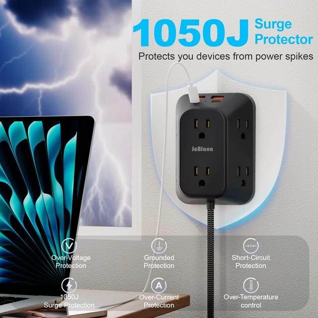 Alt view image 3 of 7 - Outlet Extender Surge Protector, 6 Outlet Splitter with 4 USB Ports (2 USB C), 4 Sided 1050 J Multi Plug Wall Adapter Power Strip for Home Office Kitchen Travel