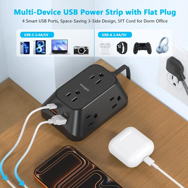 Alt view image 5 of 7 - Outlet Extender Surge Protector, 6 Outlet Splitter with 4 USB Ports (2 USB C), 4 Sided 1050 J Multi Plug Wall Adapter Power Strip for Home Office Kitchen Travel