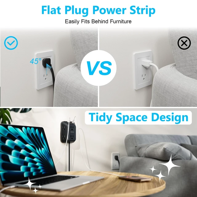 Alt view image 4 of 7 - Outlet Extender Surge Protector, 6 Outlet Splitter with 4 USB Ports (2 USB C), 4 Sided 1050 J Multi Plug Wall Adapter Power Strip for Home Office Kitchen Travel