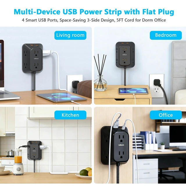 Alt view image 7 of 7 - Outlet Extender Surge Protector, 6 Outlet Splitter with 4 USB Ports (2 USB C), 4 Sided 1050 J Multi Plug Wall Adapter Power Strip for Home Office Kitchen Travel
