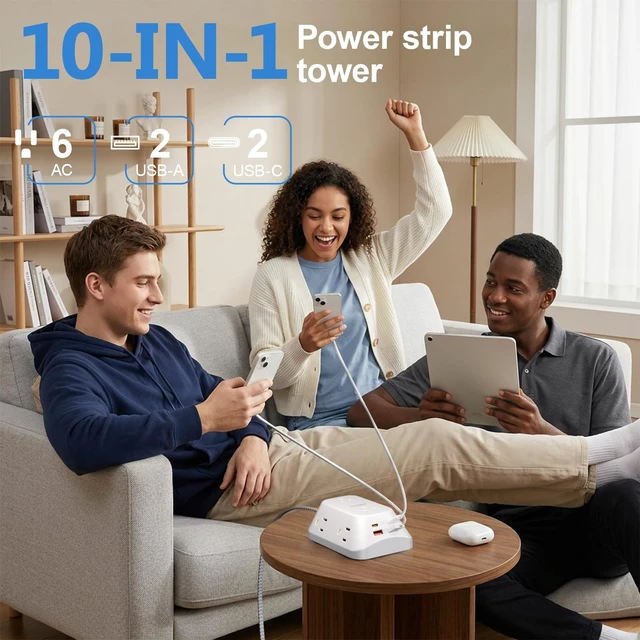 Alt view image 2 of 7 - Surge Protector Outlet Extender, 6 Outlet Splitter with 4 USB Ports (2 USB C), 4 Sided 1050 J Multi Plug Wall Adapter Power Strip for Home Office Kitchen Travel