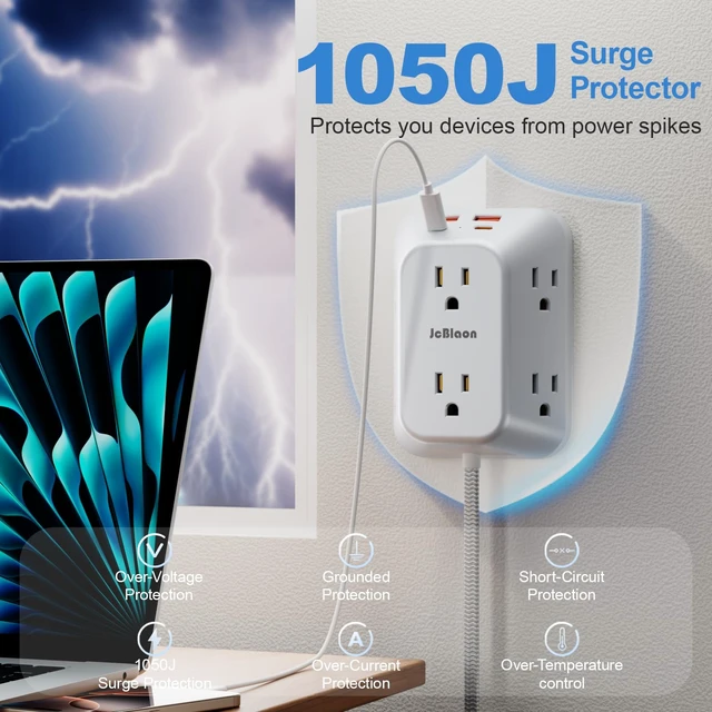 Alt view image 3 of 7 - Surge Protector Outlet Extender, 6 Outlet Splitter with 4 USB Ports (2 USB C), 4 Sided 1050 J Multi Plug Wall Adapter Power Strip for Home Office Kitchen Travel