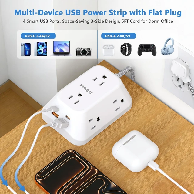 Alt view image 4 of 7 - Surge Protector Outlet Extender, 6 Outlet Splitter with 4 USB Ports (2 USB C), 4 Sided 1050 J Multi Plug Wall Adapter Power Strip for Home Office Kitchen Travel