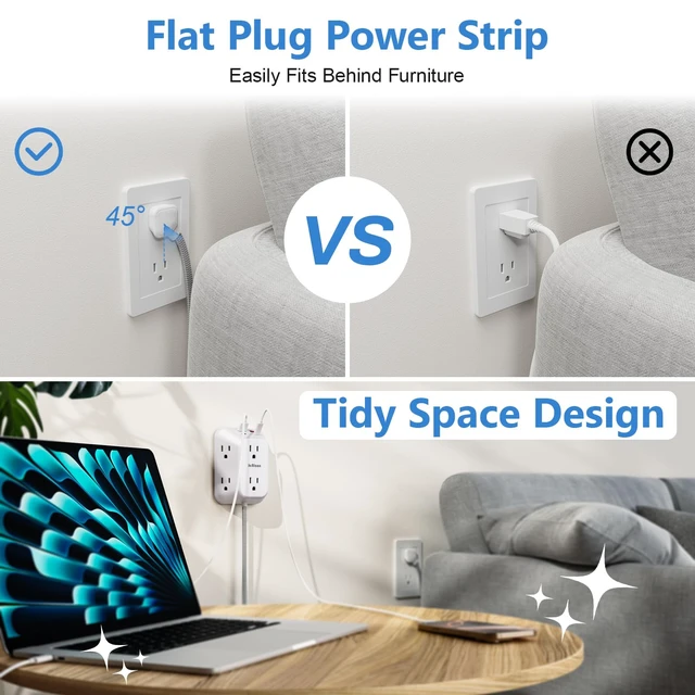 Alt view image 5 of 7 - Surge Protector Outlet Extender, 6 Outlet Splitter with 4 USB Ports (2 USB C), 4 Sided 1050 J Multi Plug Wall Adapter Power Strip for Home Office Kitchen Travel