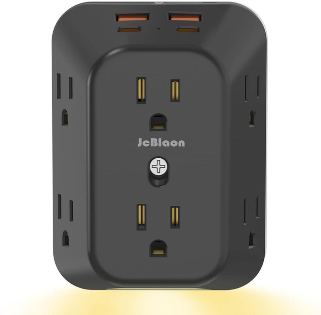 Main image of Multi Plug Outlet Surge Protector with Night Light, 6 Outlet Splitter with 4 USB Ports (2 USB C), 4 Sided 1050j Surge Protector Power Strip for Home Office Dorm Essentials-Black