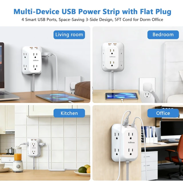 Alt view image 7 of 7 - Surge Protector Outlet Extender, 6 Outlet Splitter with 4 USB Ports (2 USB C), 4 Sided 1050 J Multi Plug Wall Adapter Power Strip for Home Office Kitchen Travel