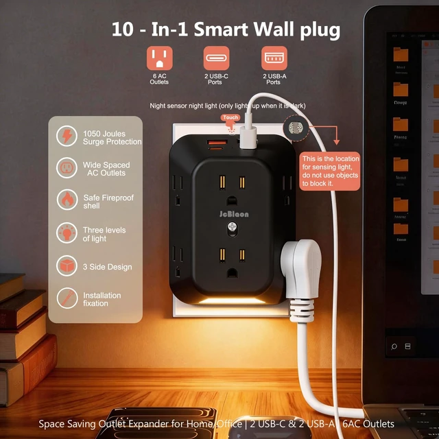 Alt view image 2 of 7 - Multi Plug Outlet Surge Protector with Night Light, 6 Outlet Splitter with 4 USB Ports (2 USB C), 4 Sided 1050j Surge Protector Power Strip for Home Office Dorm Essentials-Black