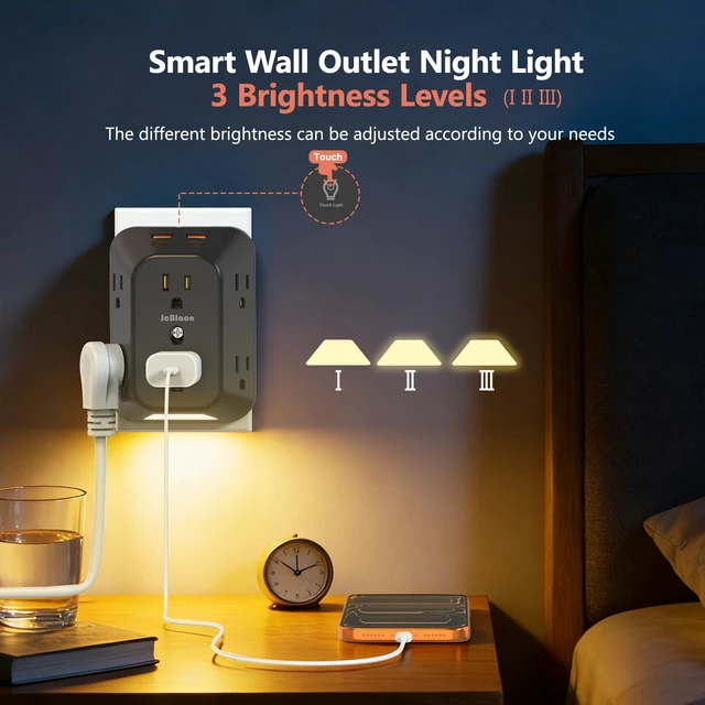 Alt view image 4 of 7 - Multi Plug Outlet Surge Protector with Night Light, 6 Outlet Splitter with 4 USB Ports (2 USB C), 4 Sided 1050j Surge Protector Power Strip for Home Office Dorm Essentials-Black