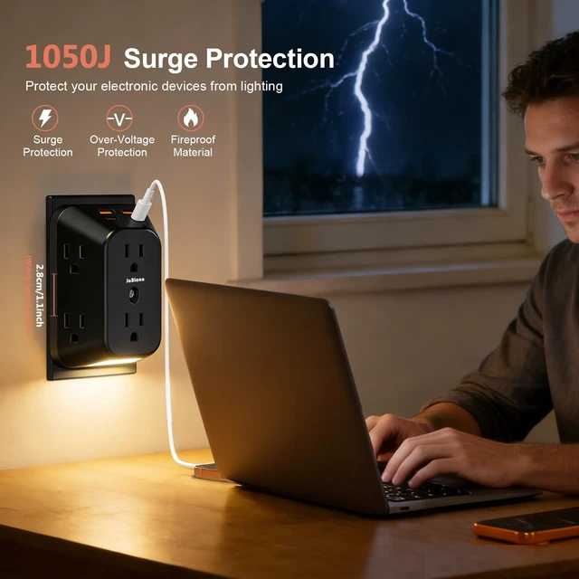 Alt view image 5 of 7 - Multi Plug Outlet Surge Protector with Night Light, 6 Outlet Splitter with 4 USB Ports (2 USB C), 4 Sided 1050j Surge Protector Power Strip for Home Office Dorm Essentials-Black